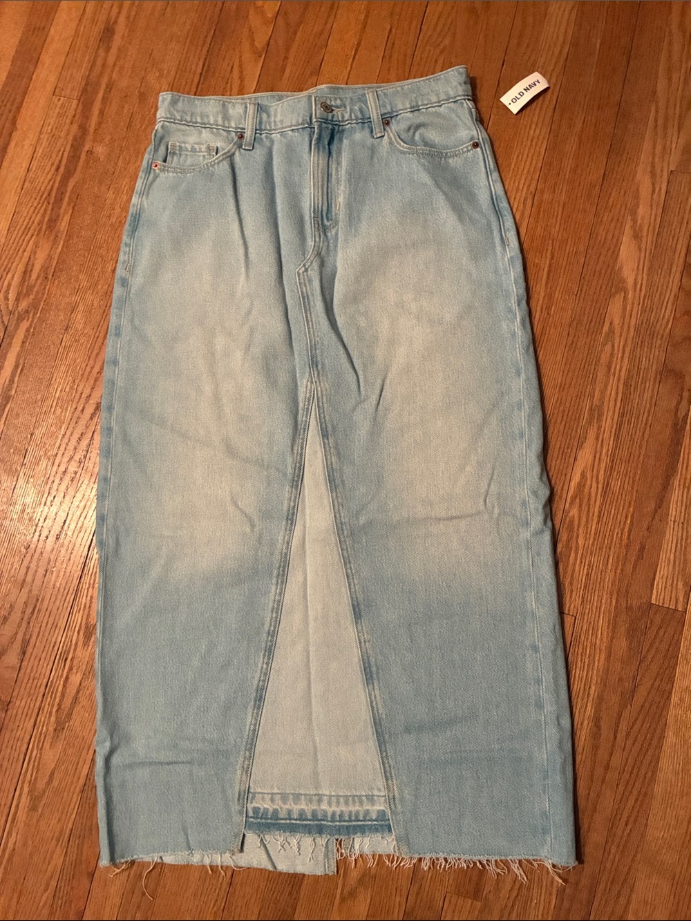 Old Navy Light Blue Denim Long Skirt with Center Patch and Slit up the Back